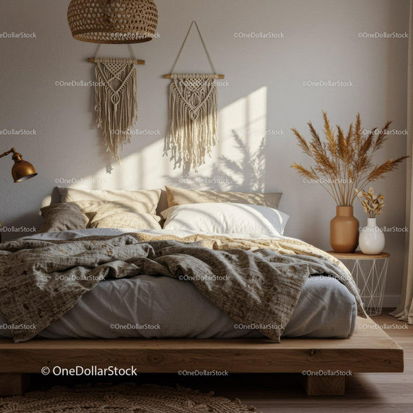 Cozy neutral bedroom with natural textures and soft light
