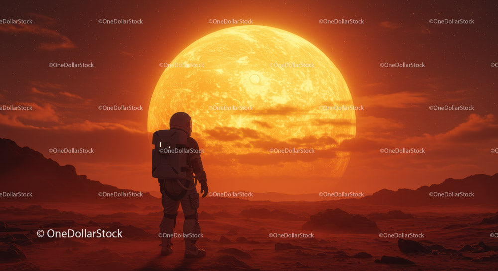 Astronauta badający obcą planetę z ogromnym słońcem w tle