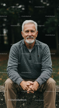 Smiling senior man sitting outdoors in casual outfit