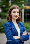 Confident Young Woman in Blue Blazer Standing Outdoors