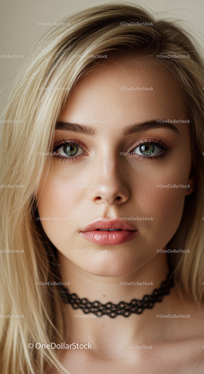 Portret młodej kobiety o blond włosach i zielonych oczach w miękkim świetle
