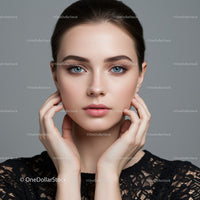 Elegant Woman with Blue Eyes and Clear Skin in Studio