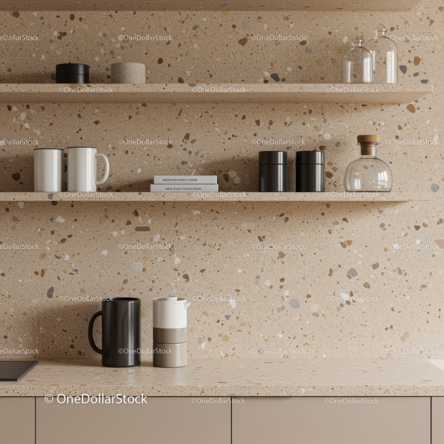 Modern Kitchen Shelf with Ceramic Mugs and Glass Bottles