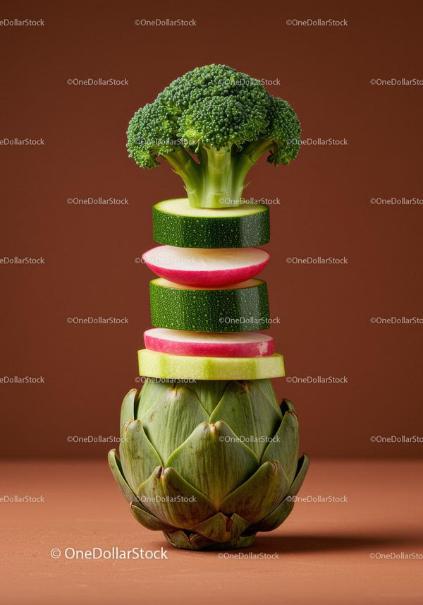 Stacked Fresh Vegetables with Broccoli and Artichoke Base