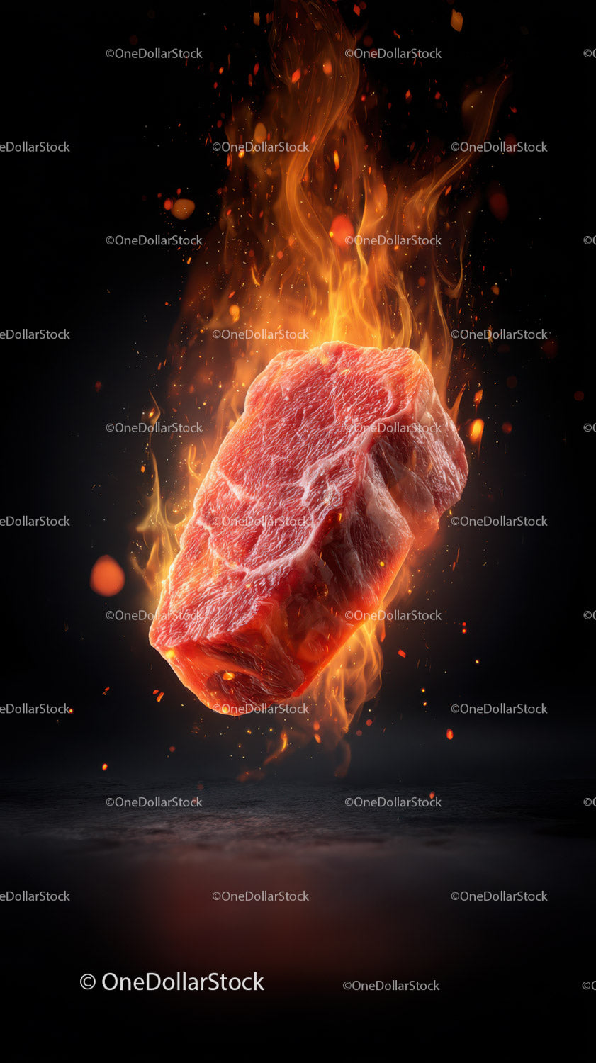 Raw Steak on Fire with Bright Flames for Culinary and Food Photography