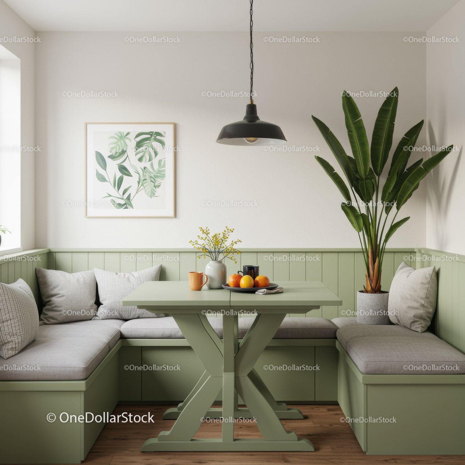 Modern Kitchen Nook with Green Bench Seating and Indoor Plant