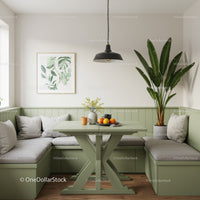 Modern Kitchen Nook with Green Bench Seating and Indoor Plant