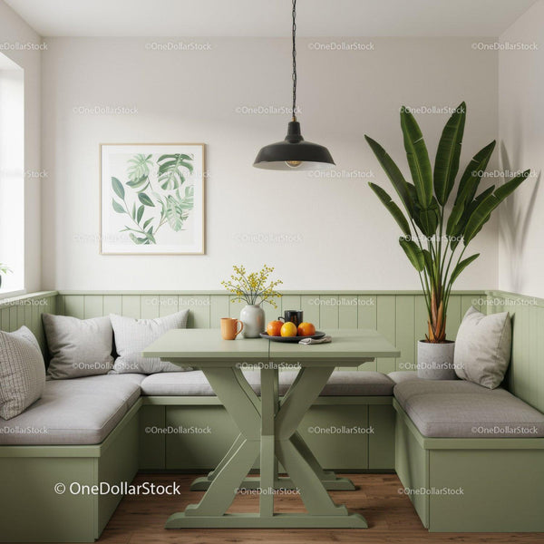 Modern Kitchen Nook with Green Bench Seating and Indoor Plant