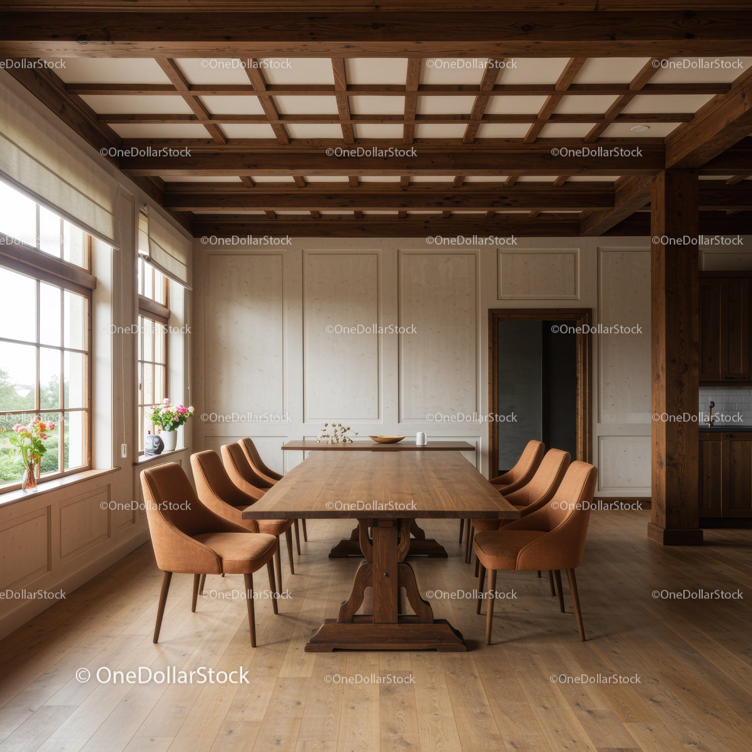 Elegant Wooden Dining Room with Brown Chairs and Large Windows