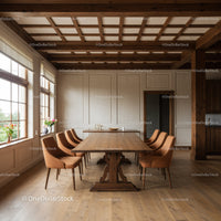 Elegant Wooden Dining Room with Brown Chairs and Large Windows