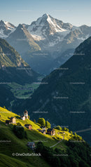 Majestic Snow-Capped Mountain Range with Green Valley and Alpine Village