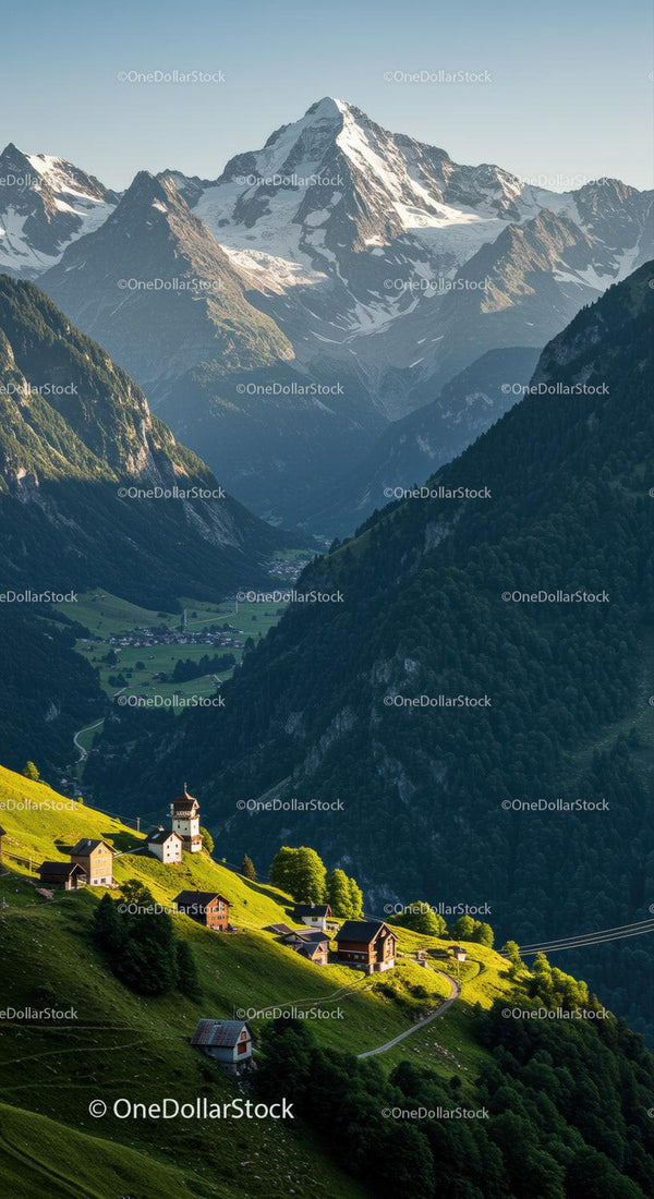 Majestic Snow-Capped Mountain Range with Green Valley and Alpine Village