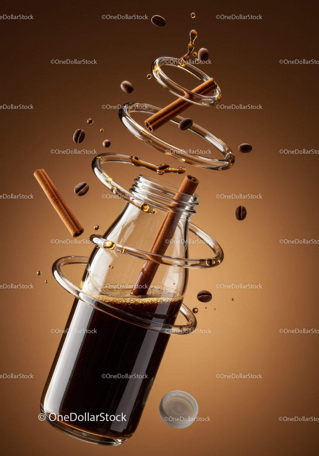 Glass bottle with iced coffee and cinnamon sticks floating