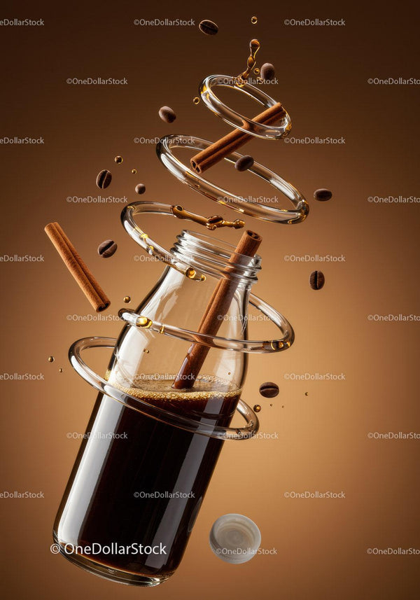Glass bottle with iced coffee and cinnamon sticks floating