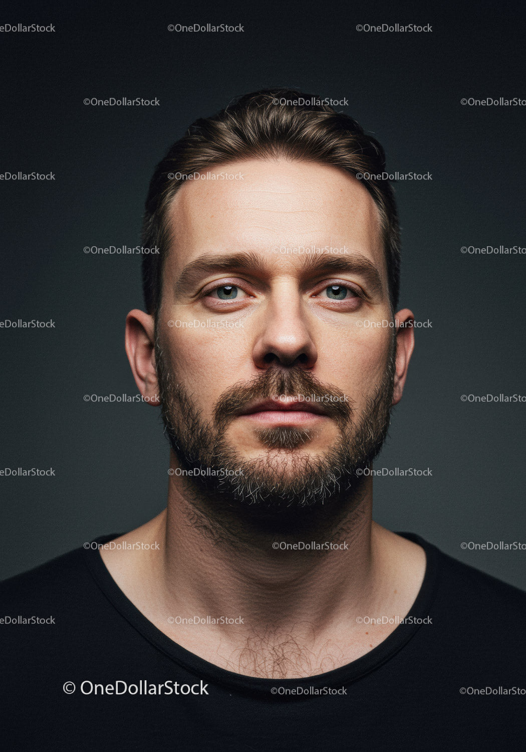 Portret zamyślonego mężczyzny z brodą i niebieskimi oczami