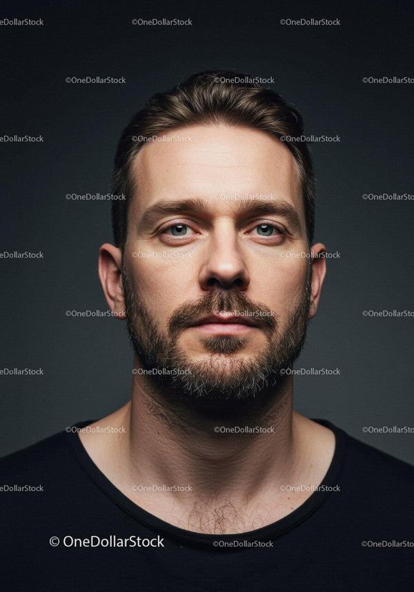 Portret zamyślonego mężczyzny z brodą i niebieskimi oczami