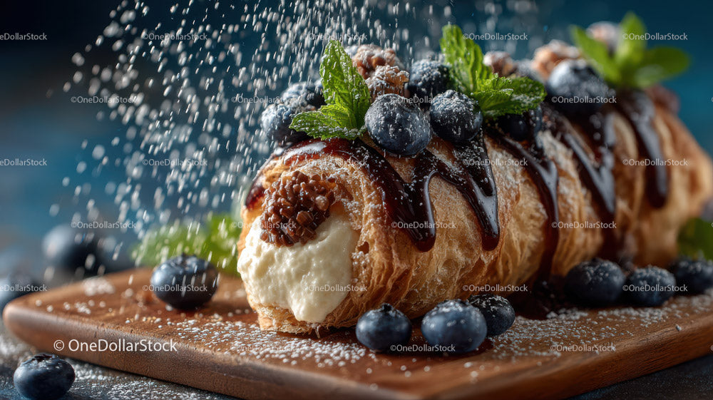 Creamy Ice Cream with Blueberries and Chocolate Drizzle on Wooden Board