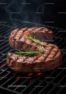 Grilled juicy steaks with fresh rosemary on barbecue