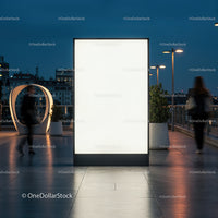 Blank illuminated billboard on urban terrace at dusk