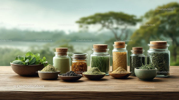 Assorted Herbal Spices and Fresh Herbs in Glass Jars on Wooden Surface