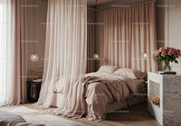 Cozy bedroom with soft curtains and delicate lighting