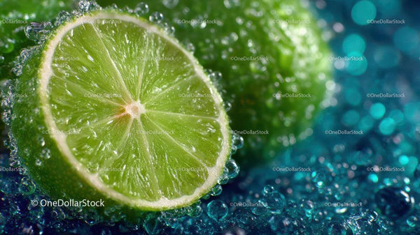 Fresh Lime Slice with Bubbles in Vibrant Green Color