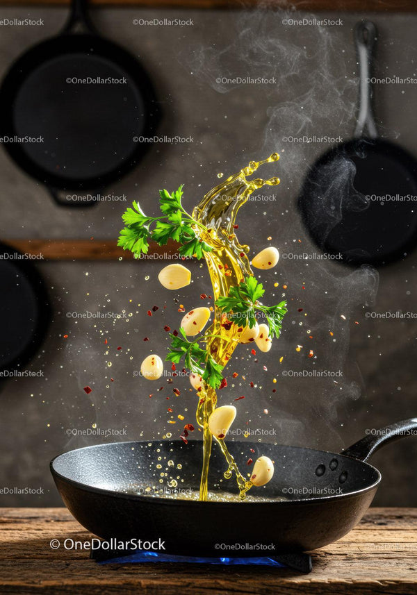 Fresh garlic and parsley splash in hot olive oil pan