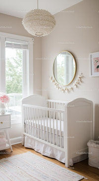 White Nursery with Wall Mirror and Floral Decor in Bright Light