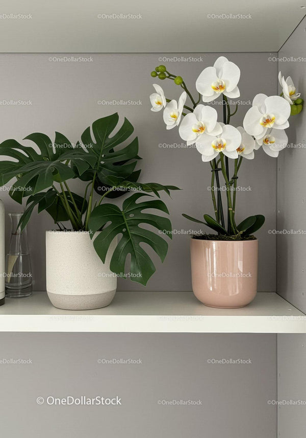 Modern Indoor Botanical Arrangement Featuring White Orchid and Monstera Plant