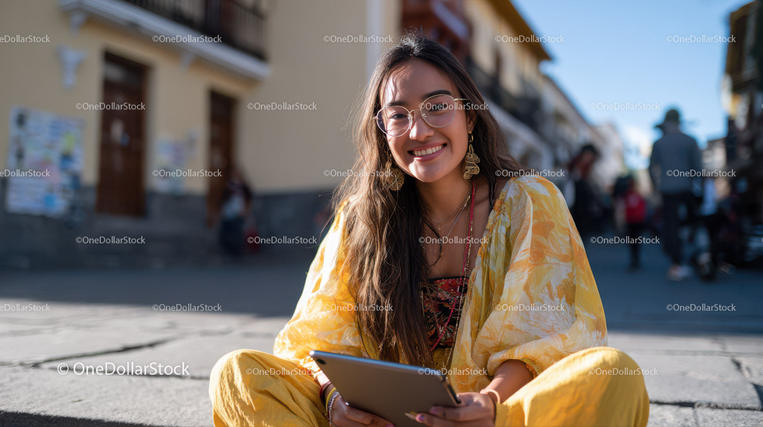 Happy Young Woman Sitting Outdoors Holding Tablet in City Street