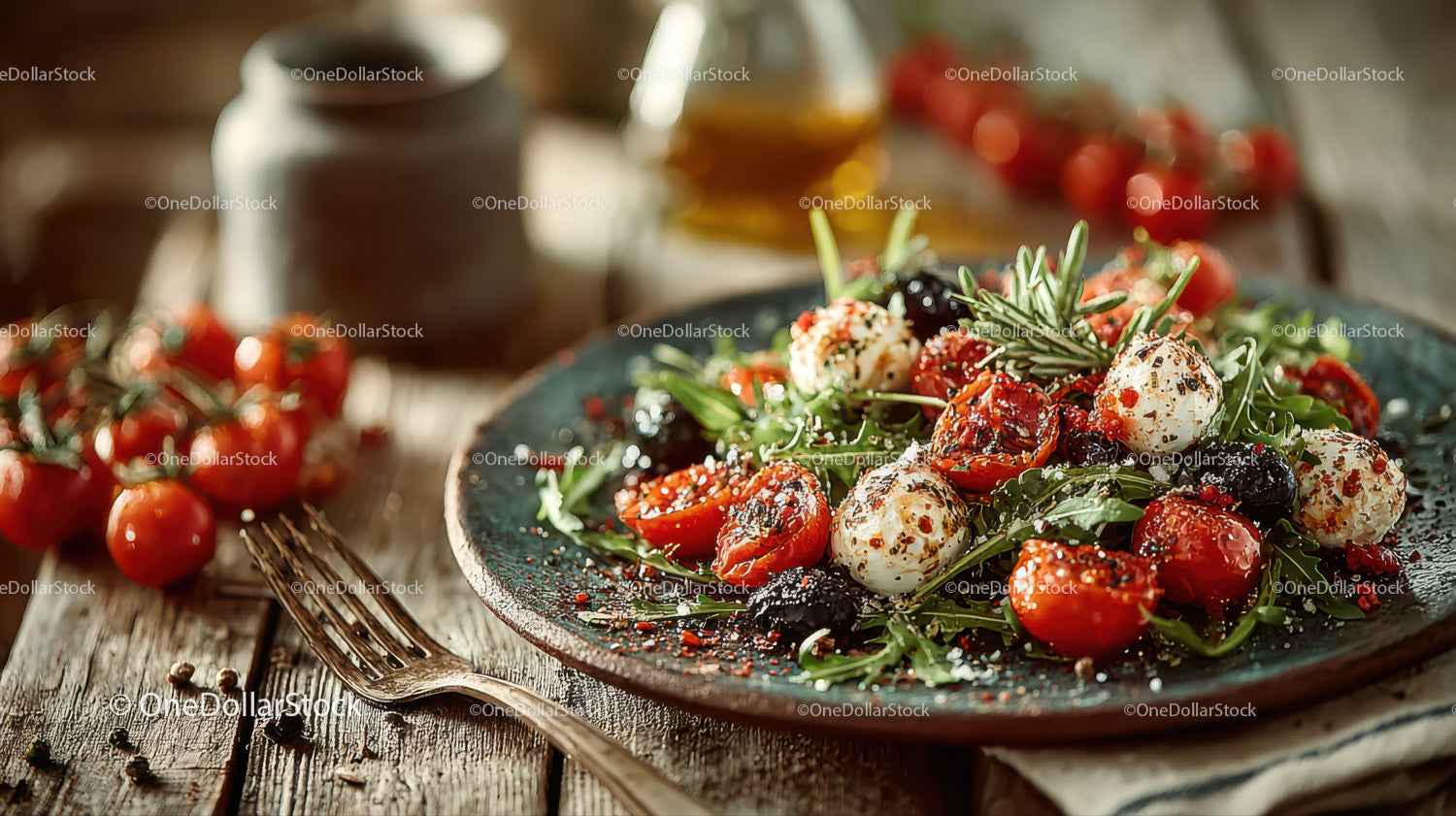 Fresh Cherry Tomato and Mozzarella Salad with Herbs on Rustic Table
