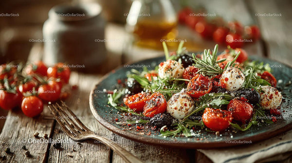 Fresh Cherry Tomato and Mozzarella Salad with Herbs on Rustic Table