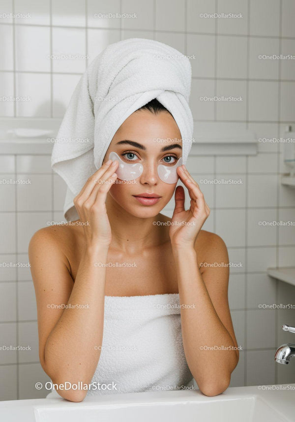 Young woman applying under eye patches in bathroom