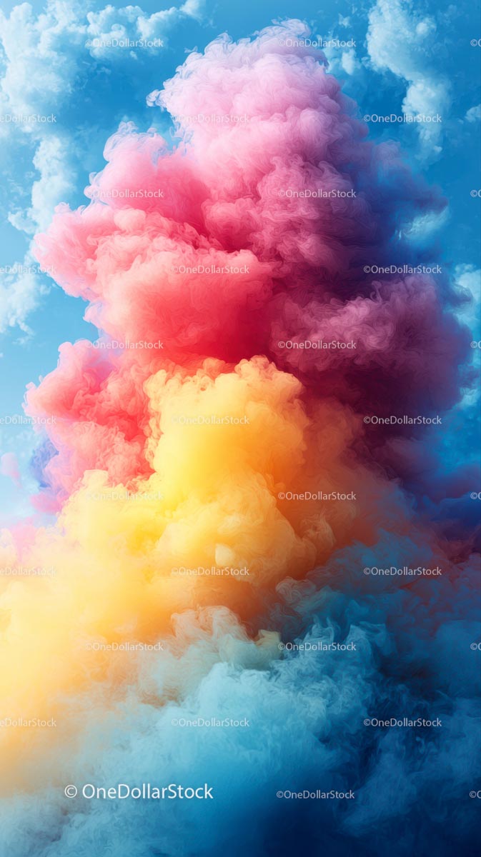 Vibrant Multicolor Smoke Cloud in Bright Blue Sky