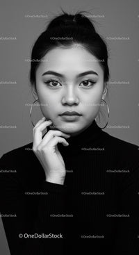 Elegant Black and White Portrait of Young Asian Woman with Confident Expression