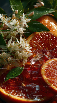 Sliced Blood Oranges with Ice Cubes and Green Leaves