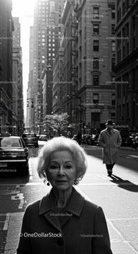 Elderly Woman in Busy City Street Surrounded by Vintage Cars