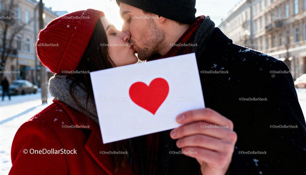 Young couple kissing outdoors holding heart card