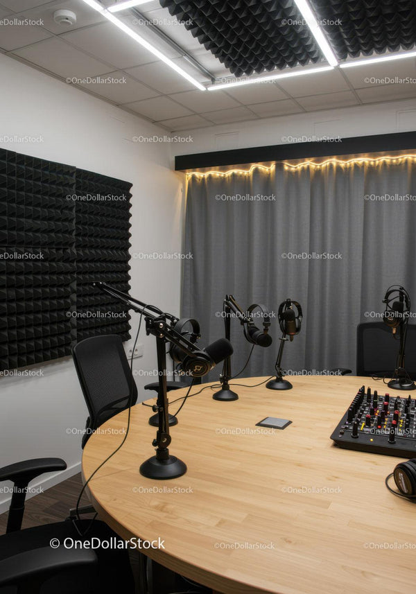 Nowoczesne studio radiowe z dźwiękochłonnymi panelami akustycznymi i mikrofonami