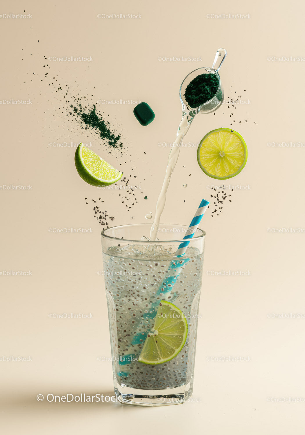 Refreshing lime chia drink with spirulina powder splash