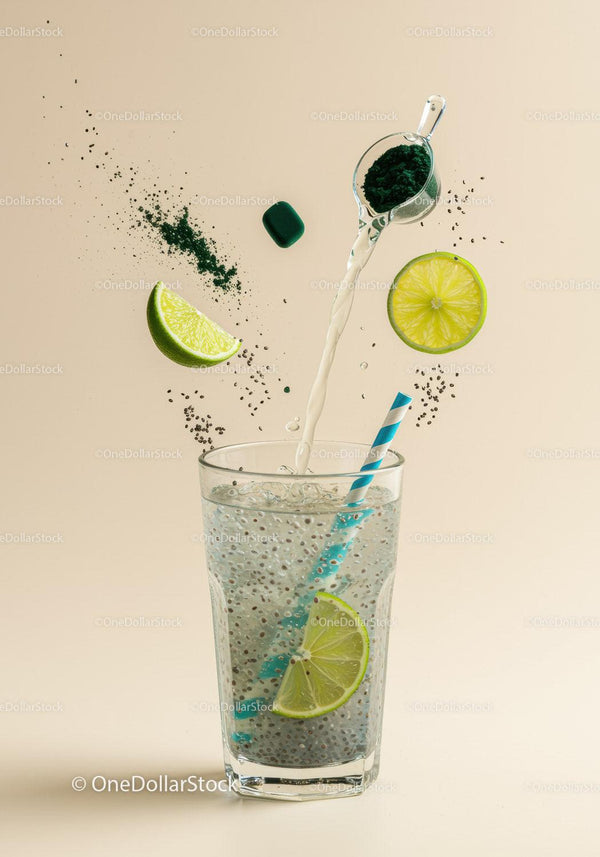 Refreshing lime chia drink with spirulina powder splash