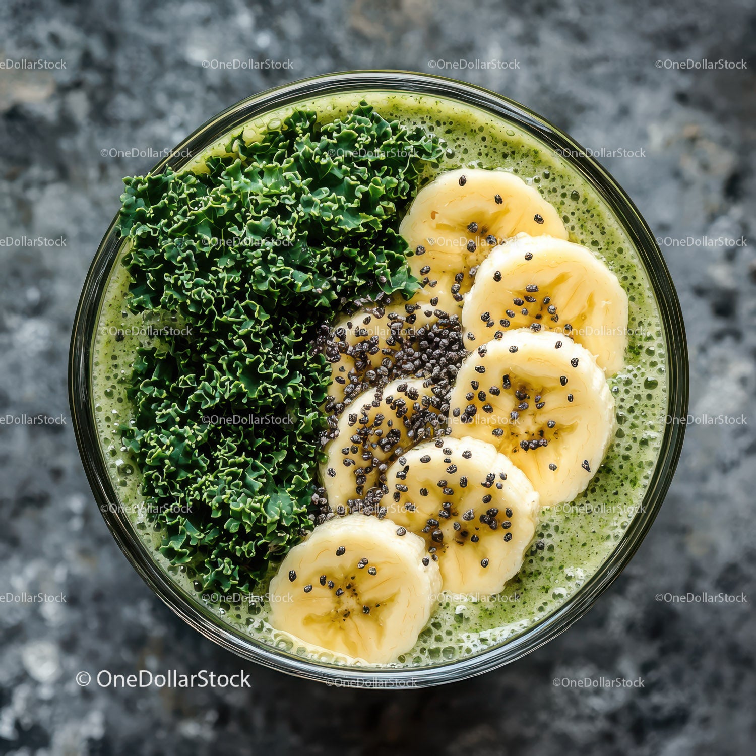 Green Smoothie with Banana Slices and Kale for Healthy Lifestyle