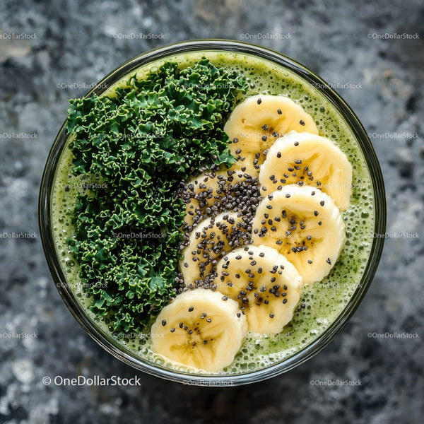 Green Smoothie with Banana Slices and Kale for Healthy Lifestyle