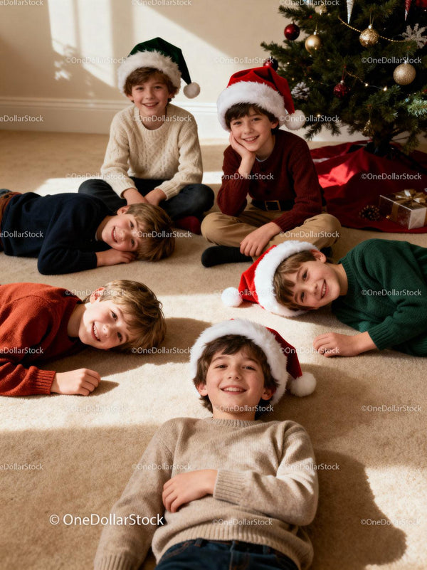 Happy Kids in Santa Hats Resting by Christmas Tree