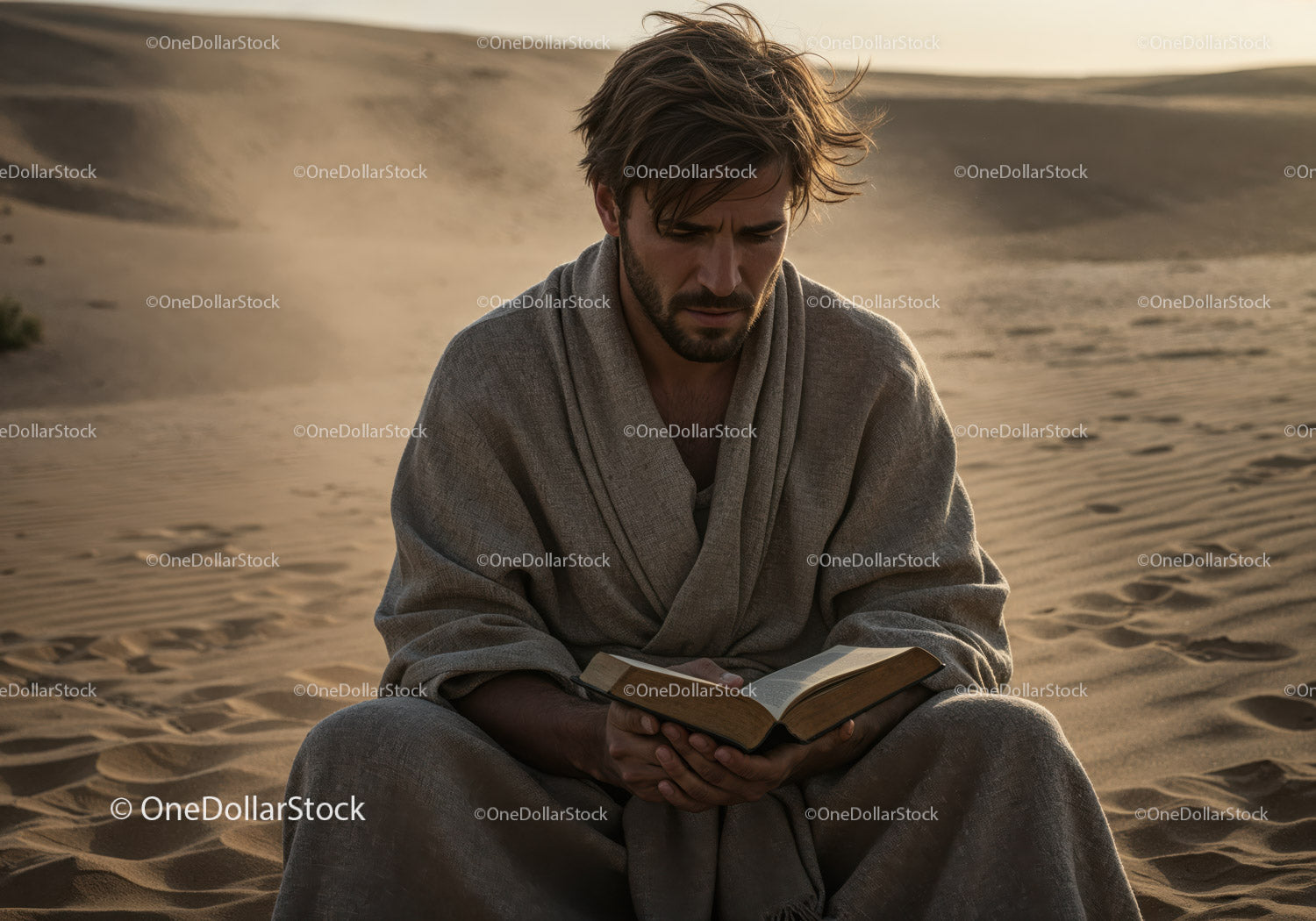 Man in Casual Clothing Reading Book in Desert During Dust Storm