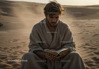 Man in Casual Clothing Reading Book in Desert During Dust Storm