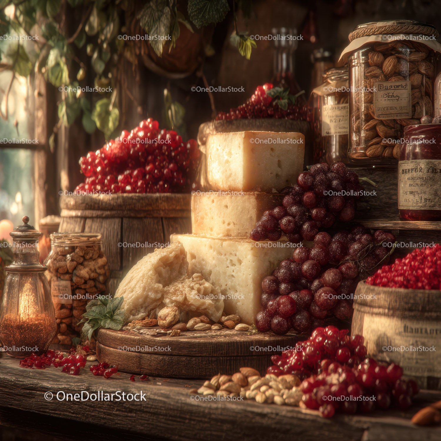Rustic Display of Cheese, Red Currants, Walnuts on Wooden Table