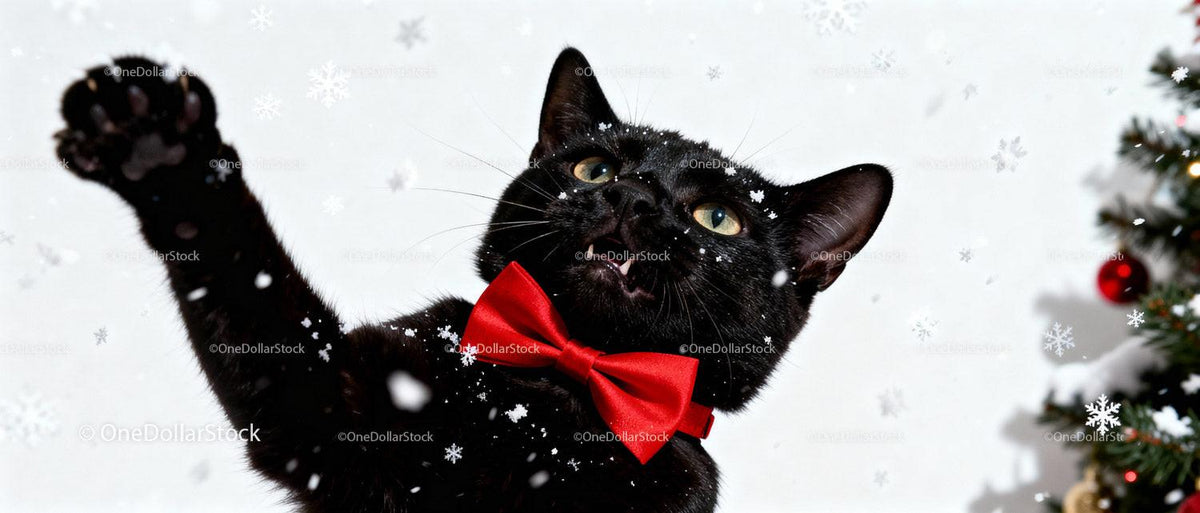 Black Cat with Red Bow Tie Playing in Snowflakes