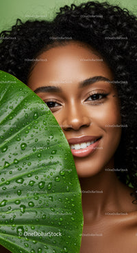 Smiling Woman with Curly Hair and Leaf in Tropical Setting