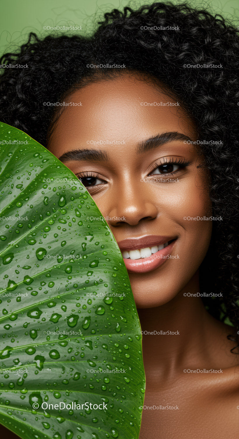 Smiling Woman with Curly Hair and Leaf in Tropical Setting